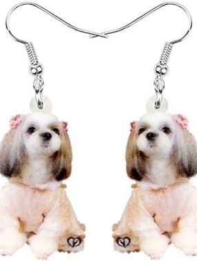 Hand Crafted Cute Shih Tzu Dog Dangle Earrings in Pink and White